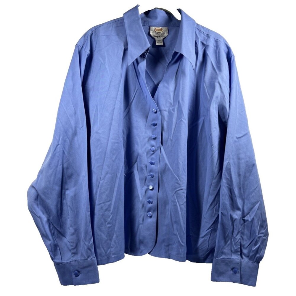 Talbots Women's Top 22W Petite Solid Blue Blouse Button Up Career Stretch Cotton